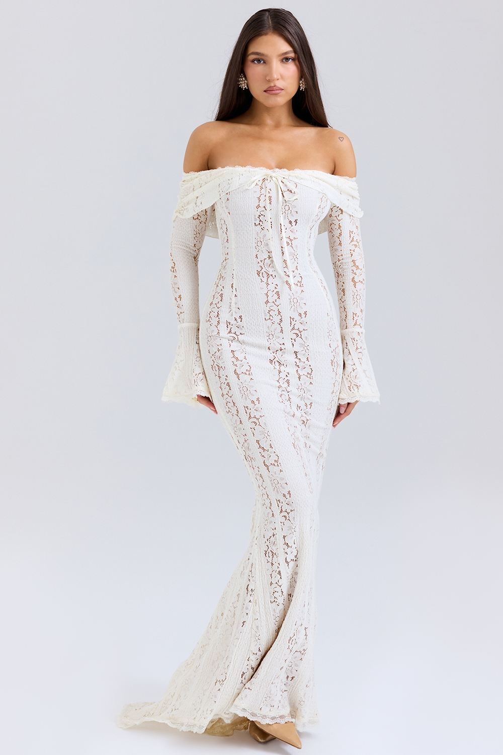 vintage cream floral lace off shoulder maxi dress | House of CB