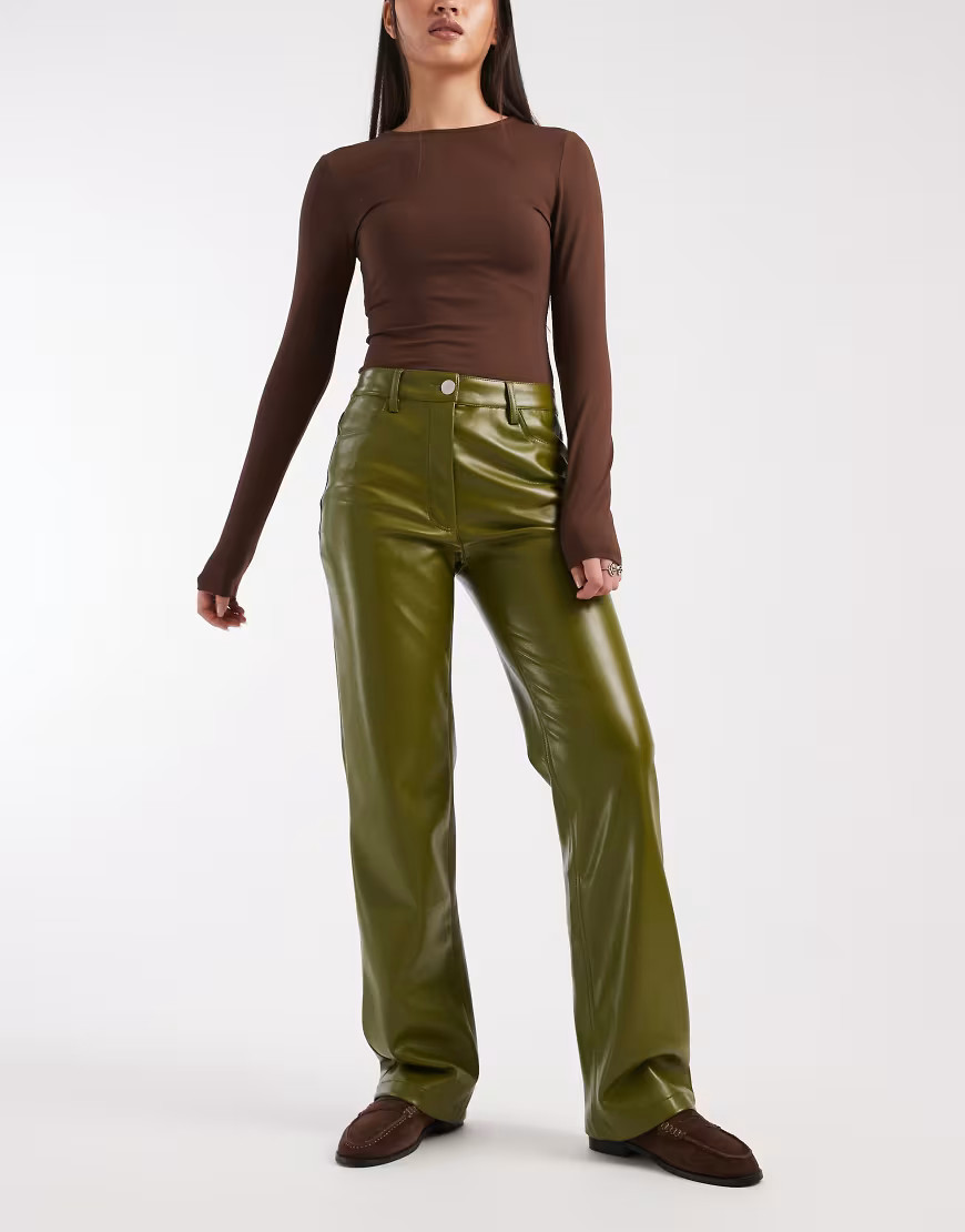 ASOS DESIGN straight leg pants in faux leather in olive-Green | ASOS (Global)