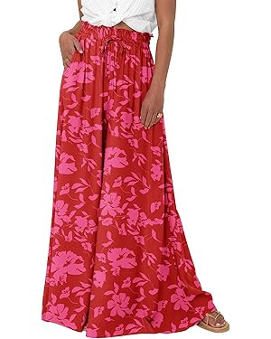BTFBM Women Casual High Waist Wide Leg Pants Summer Floral Solid Long Palazzo Pants Lounge Beach ... | Amazon (US)