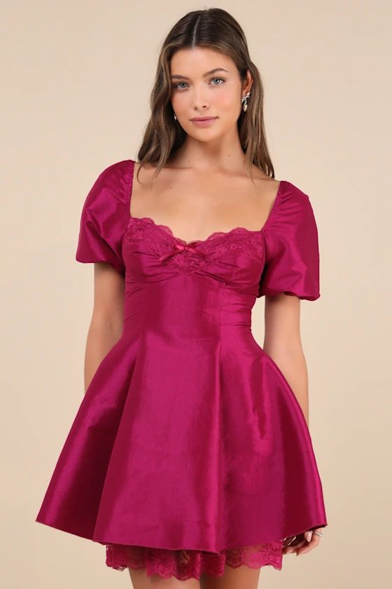 Enchanting Presence Magenta Taffeta Lace Puff Sleeve Mini Dress | Lulus