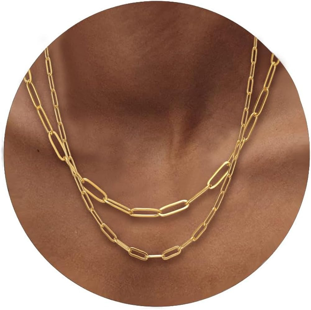 RWQIAN 18k Gold Paperclip Chain Link Necklace Dainty Paperclip Link Chain Layered Necklace Oval L... | Amazon (US)