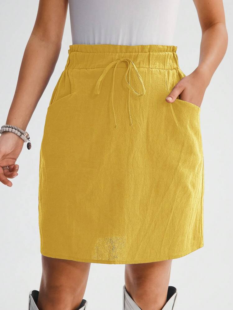 Luneh Women's Solid Color Frill Hem Tie Waist Pocket Short Casual Skirt | SHEIN