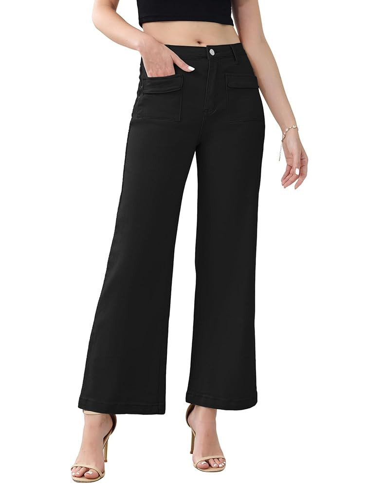 Genleck Wide Leg Jeans for Women Trendy High Waisted Boyfriend Stretchy Straight Cropped Pants wi... | Amazon (US)