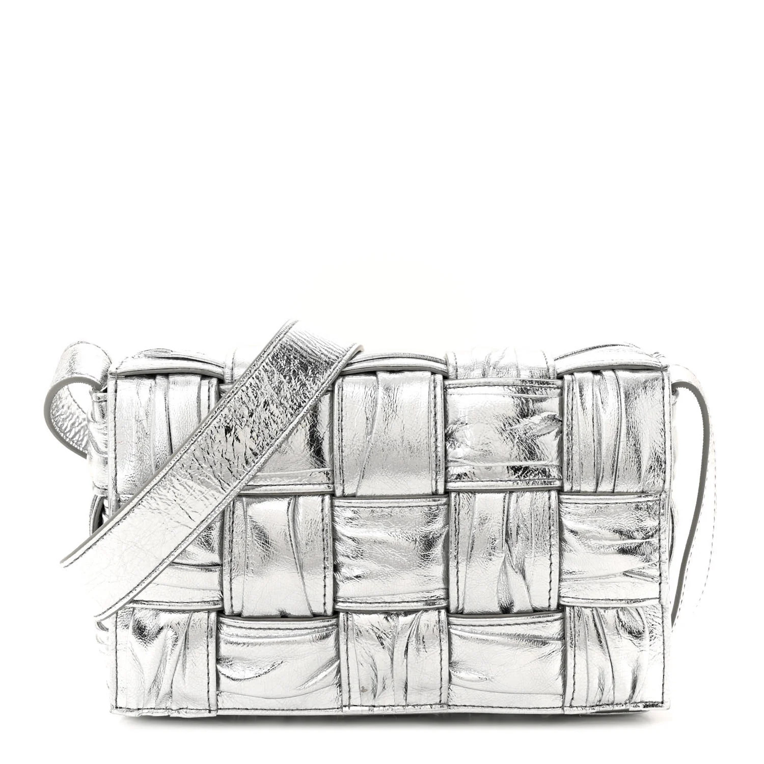 Metallic Calfskin Intreccio Plisse Small Cassette Crossbody Bag Silver | FASHIONPHILE (US)