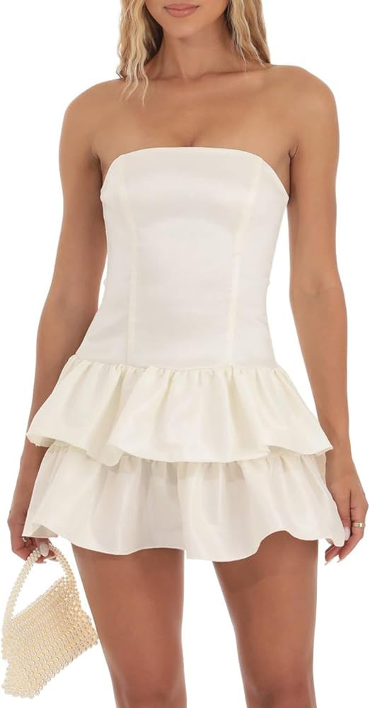 Bowanadacles Women Sexy Tube Tops Dress Solid Color Sleeveless Rhinestone Hollow Pencil Mini Dres... | Amazon (US)