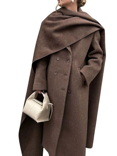 utcoco Womens Maxi Wool Coats Long Shawl Scarf Button Down Woolen Blend Trench Coat with Pockets (Medium, Coffee) | Amazon (US)