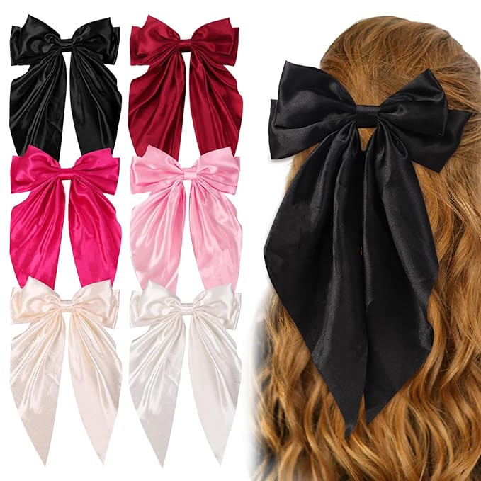 6PCS Big Hair Bows Clips for Woman Long Tail Soft Ribbon Silky Satin Bows Barrettes Hair Clips fo... | Amazon (US)