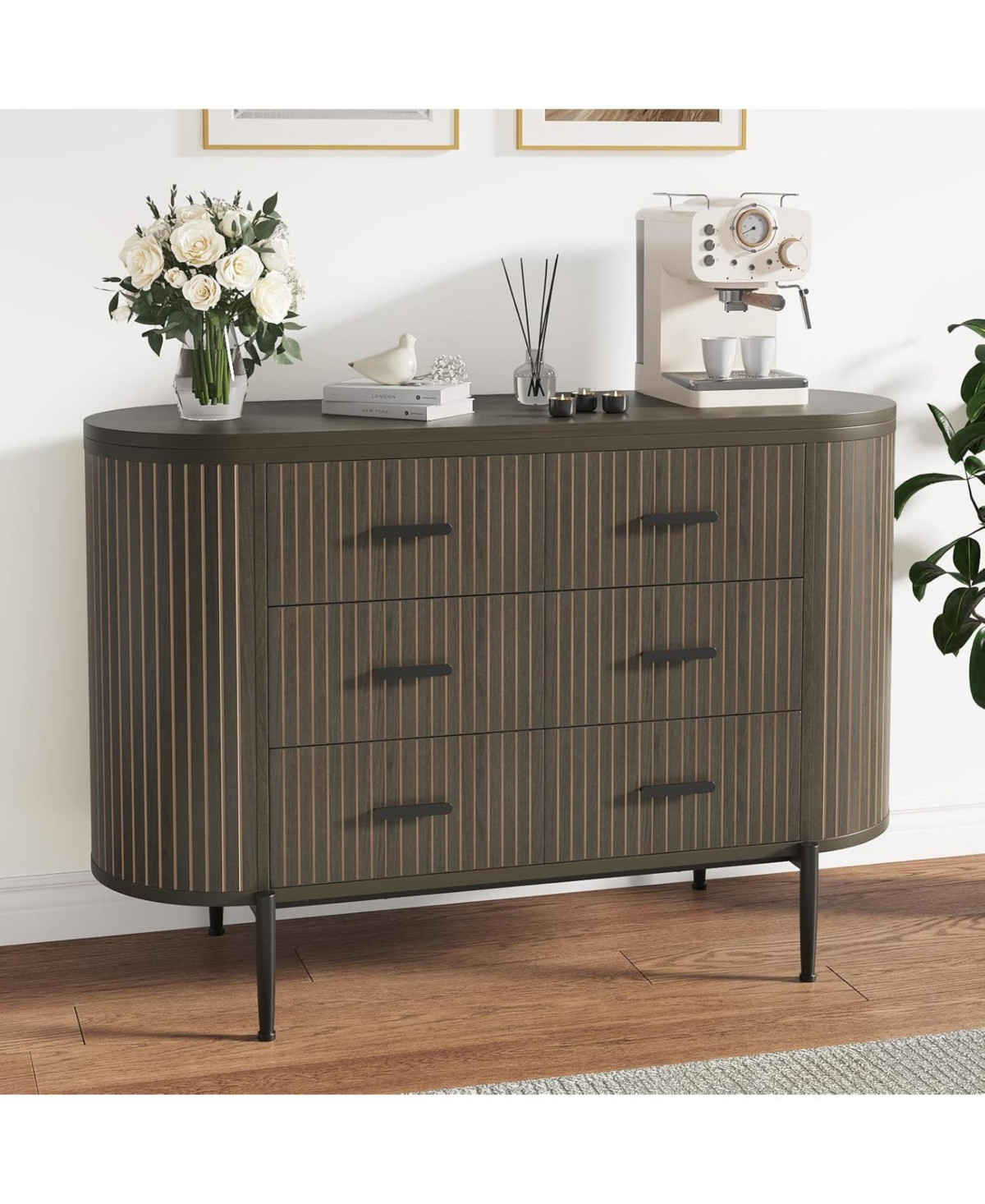 gaomon Fluted 6 Drawer Dresser for Bedroom, 59in Large Mid Century Modern Wooden Chest Dresser Tv Stand with Curved Profile Design and Gold Handles - | Macy's