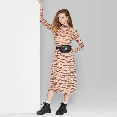 Women's Long Sleeve Mock Neck Tiger Print Mesh Midi Dress - Wild Fable™ Pink | Target