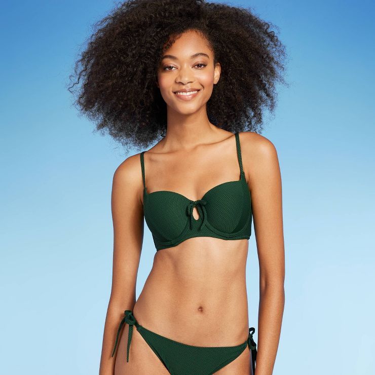 Women's Light Lift Tie-Front Keyhole Pique Textured Bikini Top - Shade & Shore™ Dark Green | Target