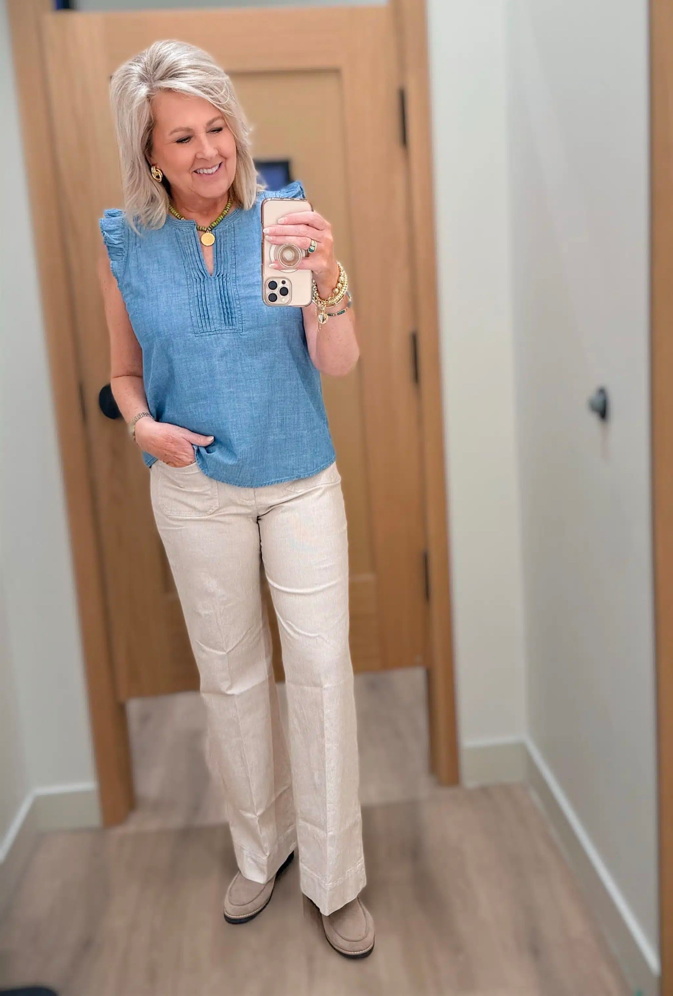 A classic outfit from J Crew factory for Spring! My chambray top is a size medium and my wide leg pants are a size 29. 

#LTKootd #LTKWorkwear #LTKOver40