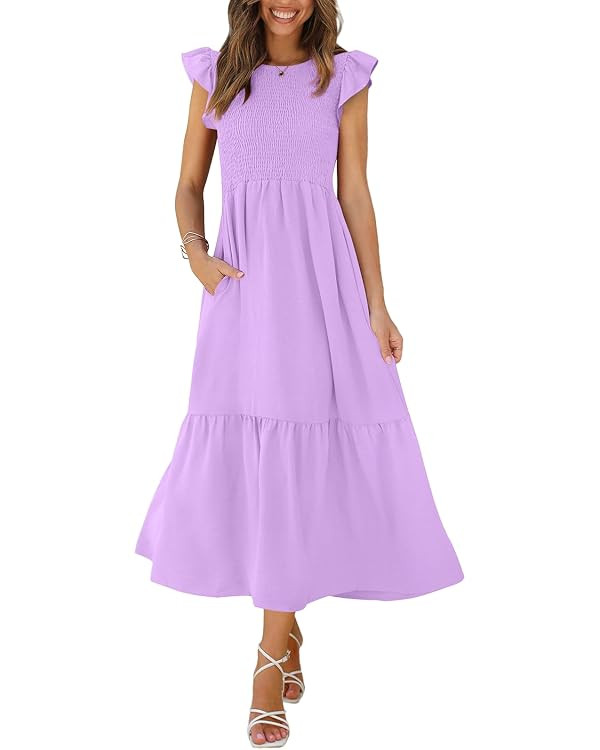 OFEEFAN Women's Casual Maxi Dresses with Pockets Ruffle Sleeve Smocked Dress XS-2XL | Amazon (US)