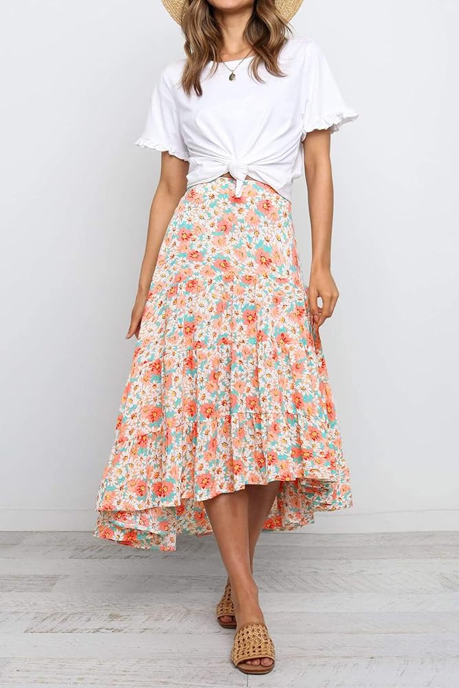 PRETTYGARDEN Women's Ditzy Floral Midi Boho Elastic High Waist Skirt | Amazon (US)