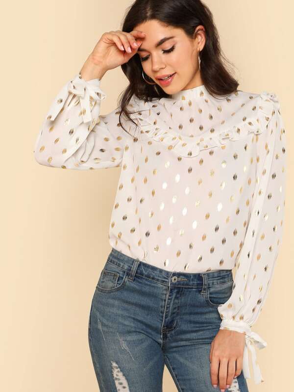 Tie Back And Cuff Gold Dot Print Top | SHEIN