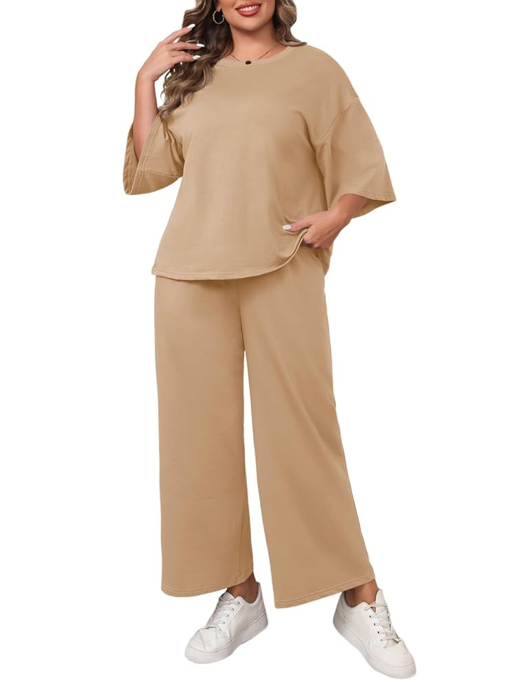 Beautife Womens Plus Size 2 Piece Outfits 3/4 Sleeve Tops and Wide Leg Pants Loungewear Pajamas S... | Amazon (US)