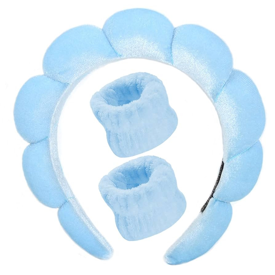 Luckybear Spa Headband for Washing Face, Velvet Makeup Headband with Face Wash Wristbands - Blue | Amazon (US)