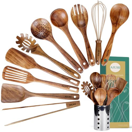 Kitchen Utenails Set with Holder,Kitchen Wooden Utensils for Cooking, Wood Utensil Natural Teak Wood Spoons for Cooking,Wooden Kitchen Utensil Set With Spatula and Ladle (11) | Amazon (US)