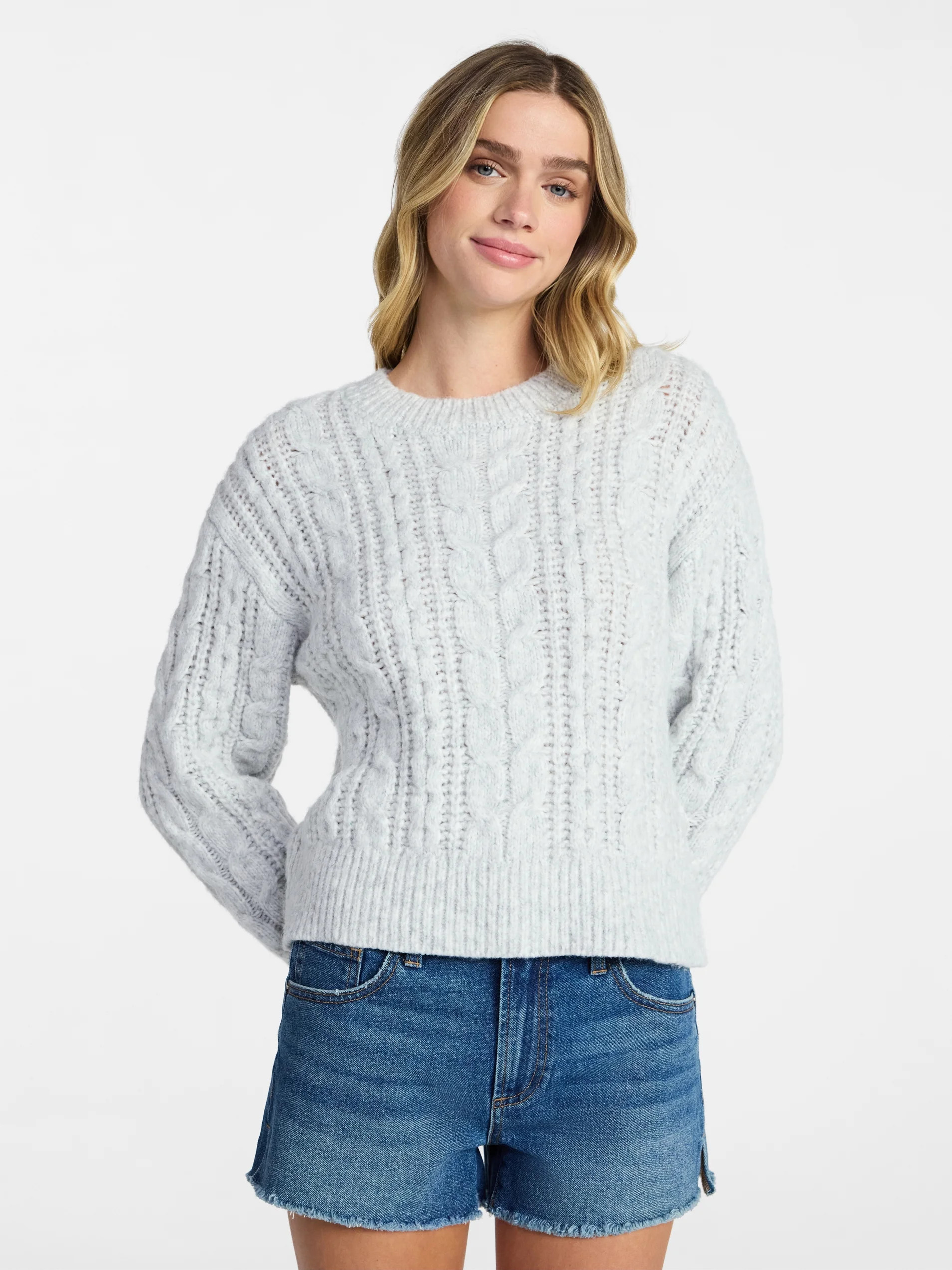 No Boundaries Cable Crewneck Drop Shoulder Sweater, Midweight, Women's XXS-XXL | Walmart (US)