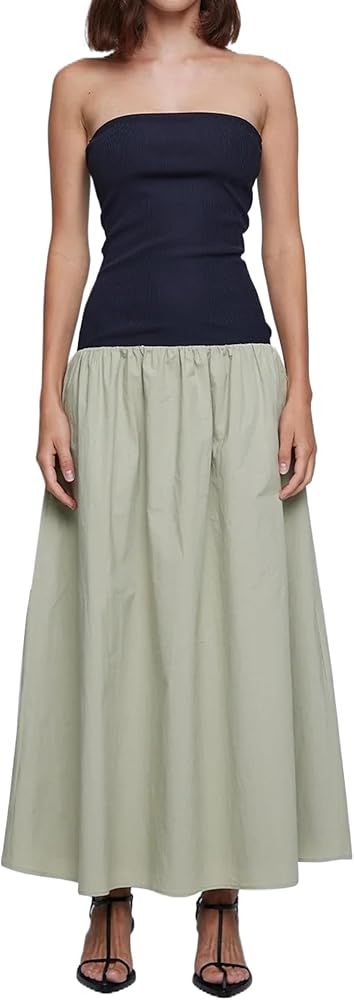 Women Summer Strapless Maxi Tube Dress Sleeveless Patchwork Off Shoulder Color Block Bandeau Swin... | Amazon (US)