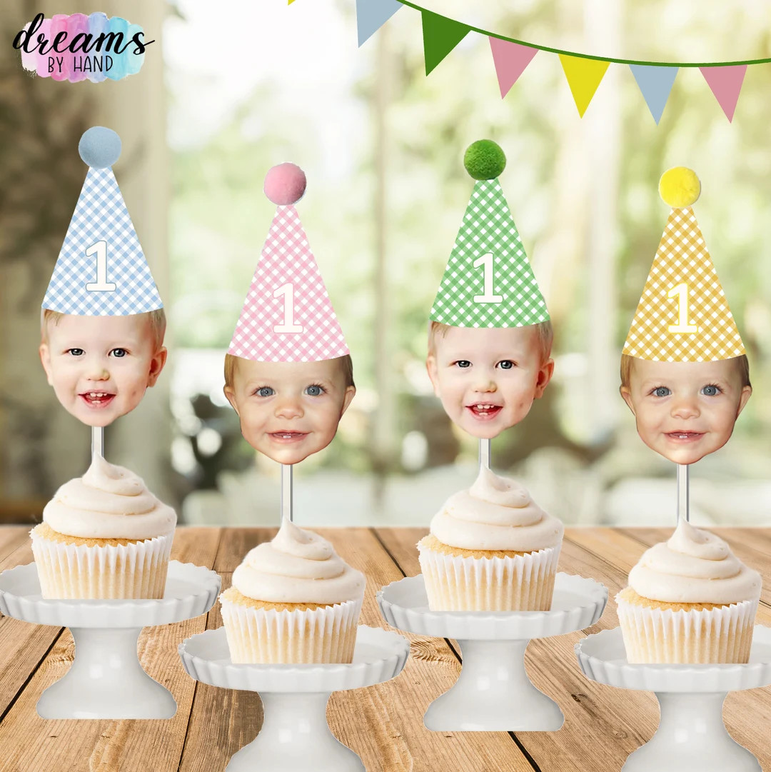 Custom Face Cupcake Toppers, Pastel Gingham Party Hats, Plaid Birthday Hat, Photo Cupcake Toppers... | Etsy (US)