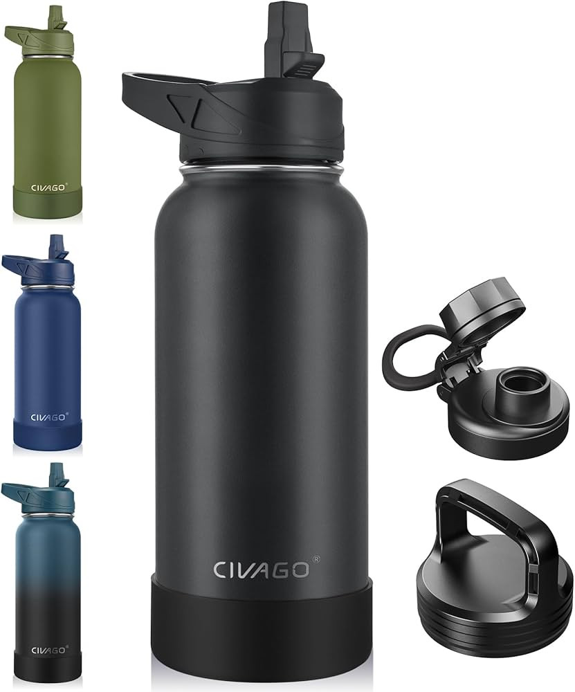 CIVAGO 32 oz Insulated Water Bottle With Straw, Stainless Steel Sports Water Cup Flask with 3 Lid... | Amazon (US)