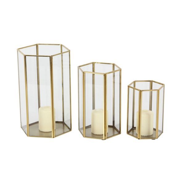 Set of 3 Modern Metal and Glass Candle Holders with Hexagon Silhouettes Gold - CosmoLiving by Cos... | Target