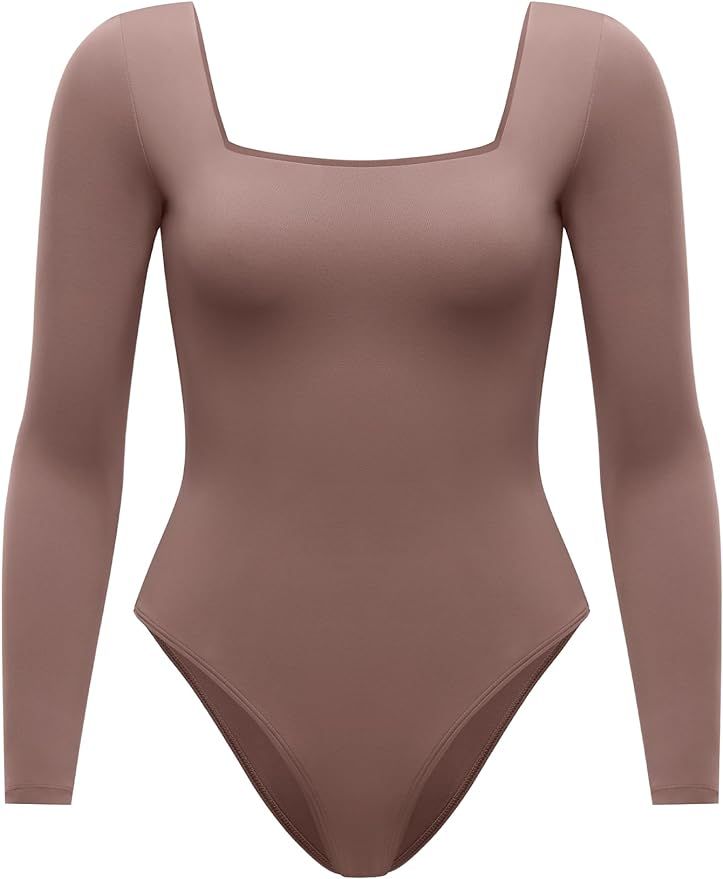 INLYRIC Women's Cozzifree Sqaure Neck Long Sleeve Bodysuit Sexy Backless Double Lined Basic Tops ... | Amazon (US)