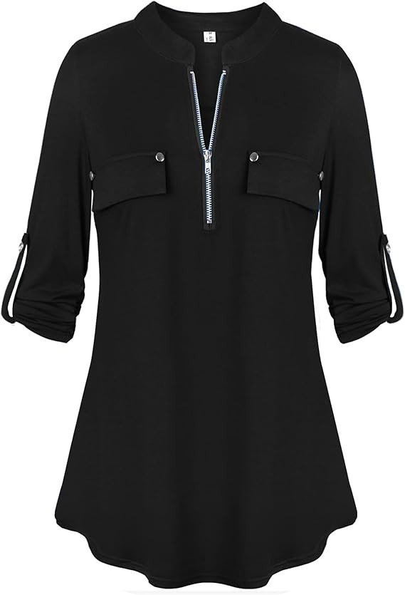 LuckyMore Womens V Neck Zip Cuffed Sleeve Flowy Business Casual Work Tunic Tops Shirts Blouse | Amazon (US)