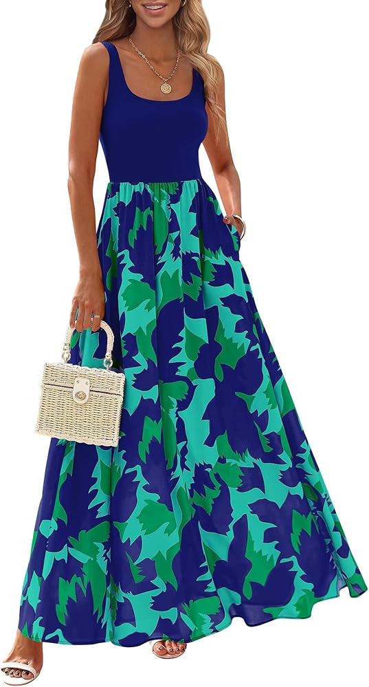 KIRUNDO Women Summer Sleeveless Boho Floral Maxi Dress 2026 Scoop Neck Tank A Line Flowy Beach Va... | Amazon (US)