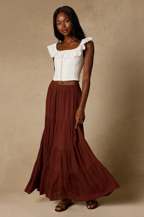Sunset by the Sea Brown Embroidered Tiered Maxi Skirt | Lulus