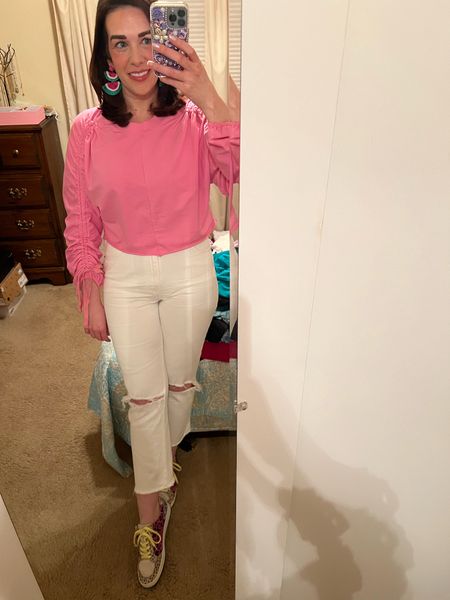 Pink ruched sleeve sweatshirt (size small). White high waisted ankle jeans (size 27). Zip detail Sneakers (size 8.5). #pinksweatshirt #sweatshirt #whitejeans #whitedenim #highwaistedjeans #jeans #anklejeans #sneakers #springoutfit 
Jeans 
Spring Outfit 

#LTKStyleTip #LTKSeasonal #LTKFindsUnder100