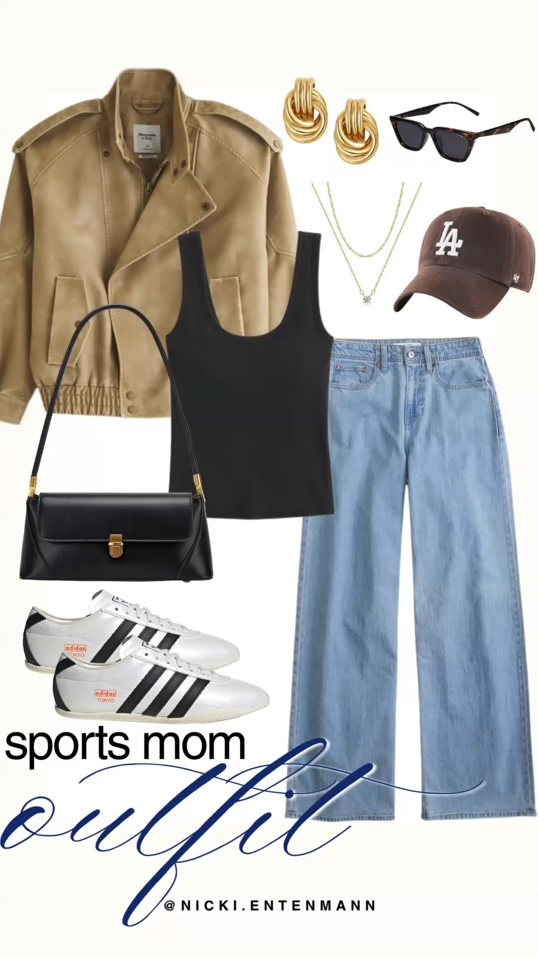 Master the art of the sidelines with this elevated sports mom ensemble. Combining comfort and style, this look features light-wash wide-leg denim paired with a classic ribbed black tank. The oversized tan leather bomber jacket adds a sophisticated layer for those breezy morning games, while the metallic Adidas sneakers and a dark brown LA baseball cap keep the vibe practical and cool. Polished off with gold knot earrings and a sleek black shoulder bag, it is the ultimate outfit for staying chic from the first whistle to the final play.

#sportsmom #sidestyle #momsoftiktok #ootdinspo #casualchic #springfashion #adidas #streetstyle #everydayoutfit #baseballcap 

 #LTKootd #LTKmomlife #LTKSaleAlert
