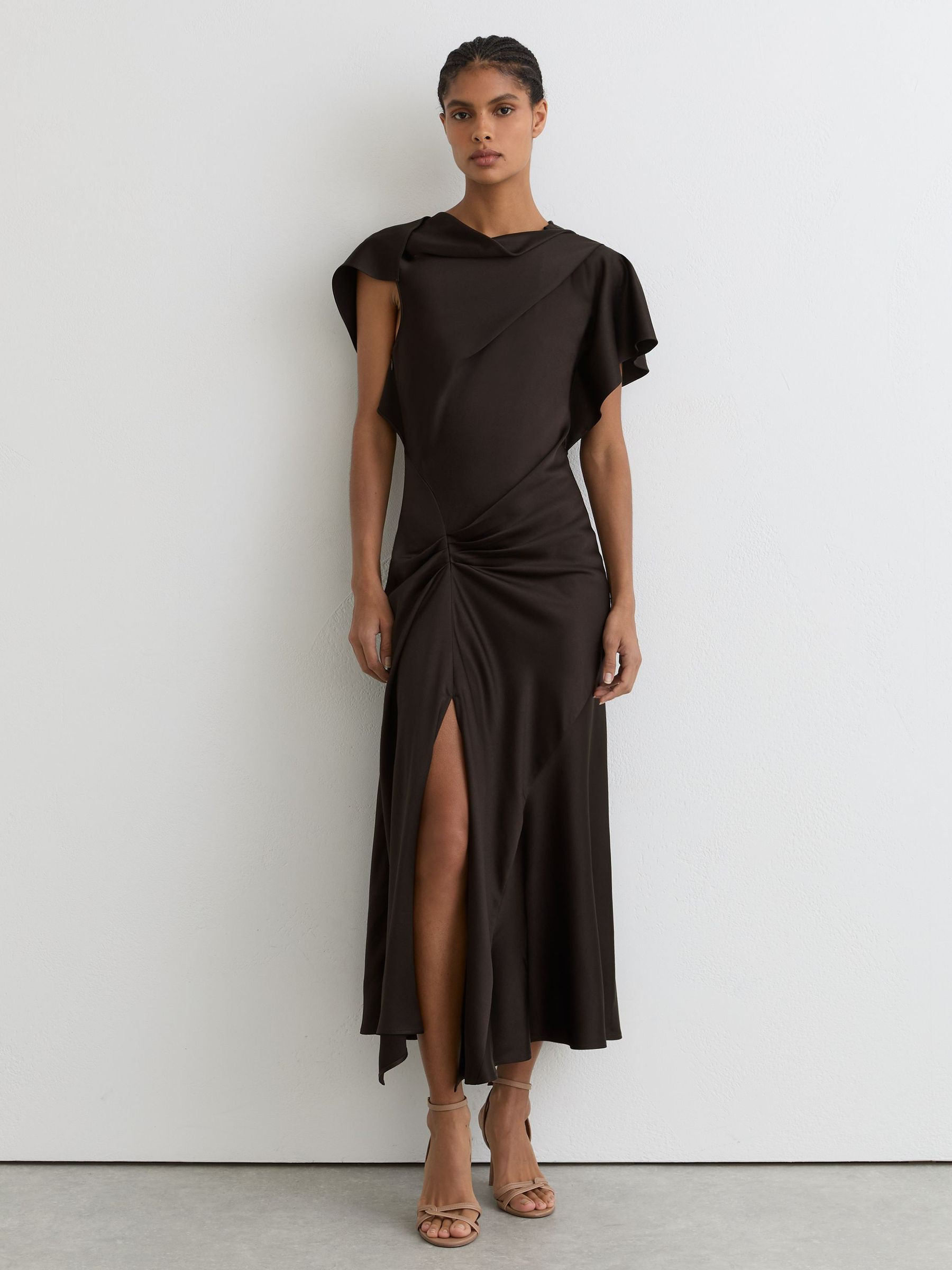 Satin Drape-Detail Midi Dress in Chocolate Brown | Reiss UK