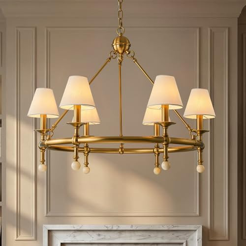 6-Light W34 Inch Warm Brass Statement Chandelier with White Pleated Fabric Shades and Alabaster F... | Amazon (US)