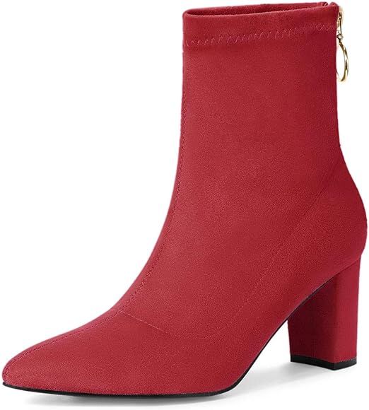 Allegra K Women's Pointed Toe Zipper Chunky Heels Ankle Boots | Amazon (US)