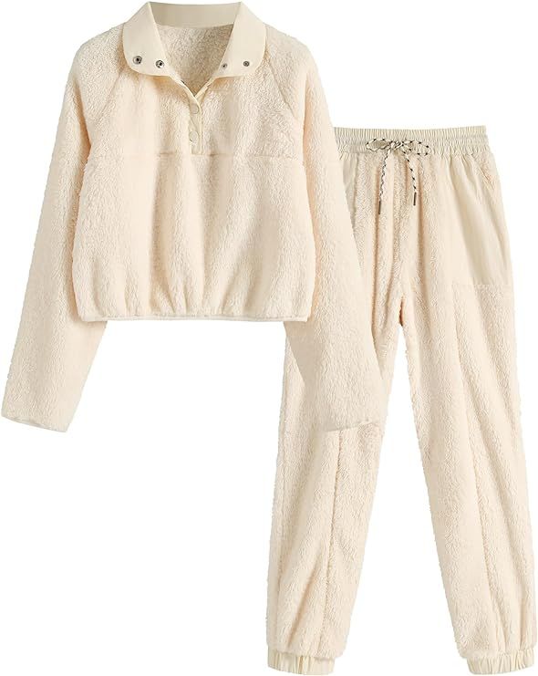 ZAFUL Womens Fluffy Pajamas Set Fleece Pullover Pants Loose Fuzzy 2 Piece Sleepwear Lounge Set | Amazon (US)