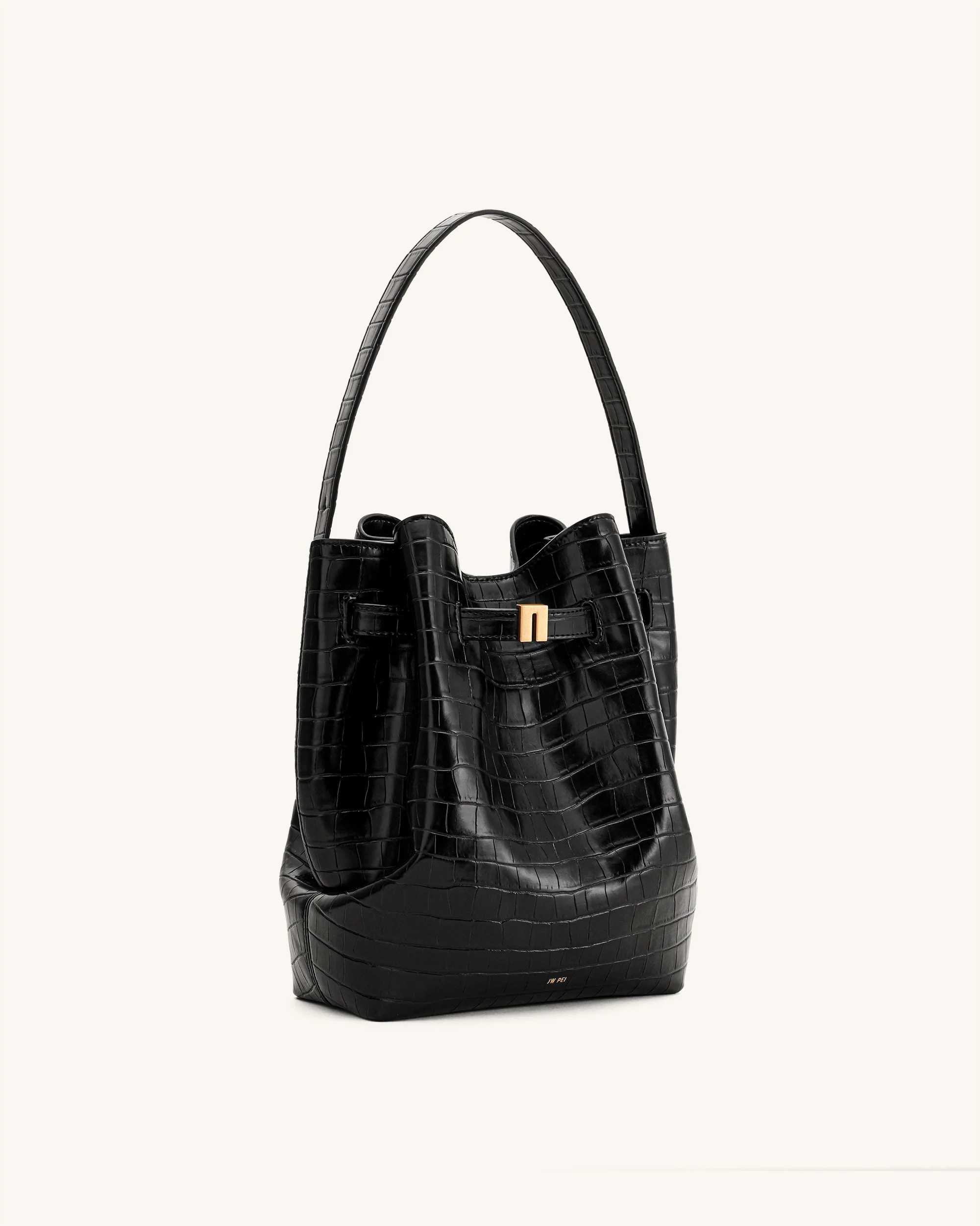 Clara Lock Accent Bucket Shoulder Bag - Black Croc | JW PEI US