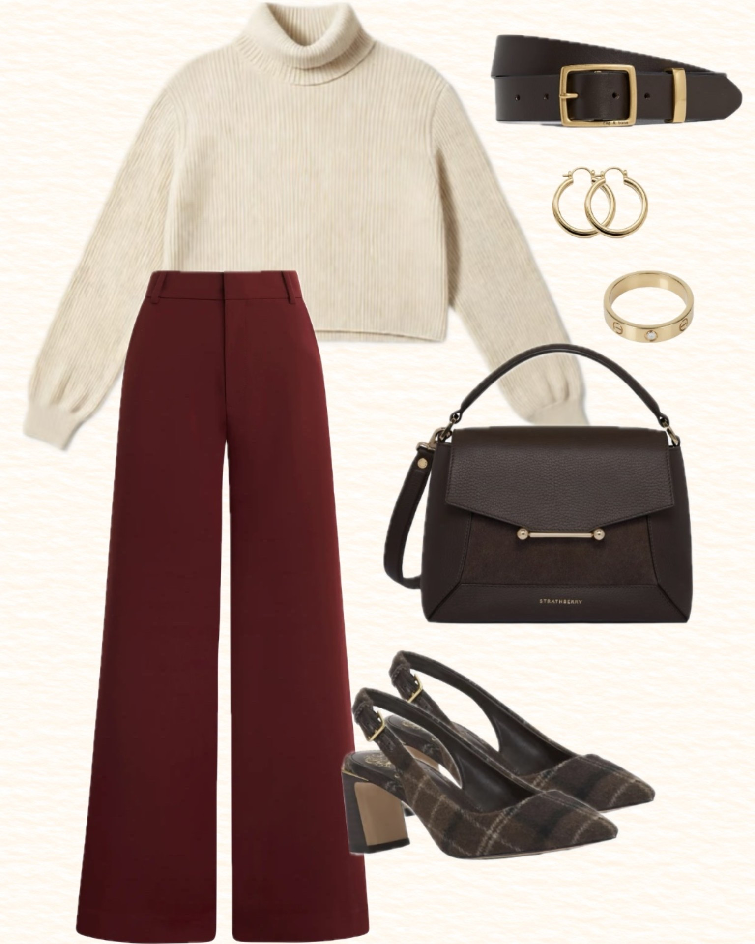 Burgundy, wine red, Bordeaux, maroon…my favorite autumn color. This fall outfit for women has burgundy pants, a cream cropped turtleneck sweater, brown suede heels and a brown leather and suede bag. With gold jewelry and a suede belt to match. Great for everything from work to everyday wear.

#LTKootd #LTKWorkwear #LTKSeasonal