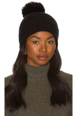 Hat Attack Cashmere Slouchy Cuff Beanie with Faux Fur Pom in Black from Revolve.com | Revolve Clothing (Global)