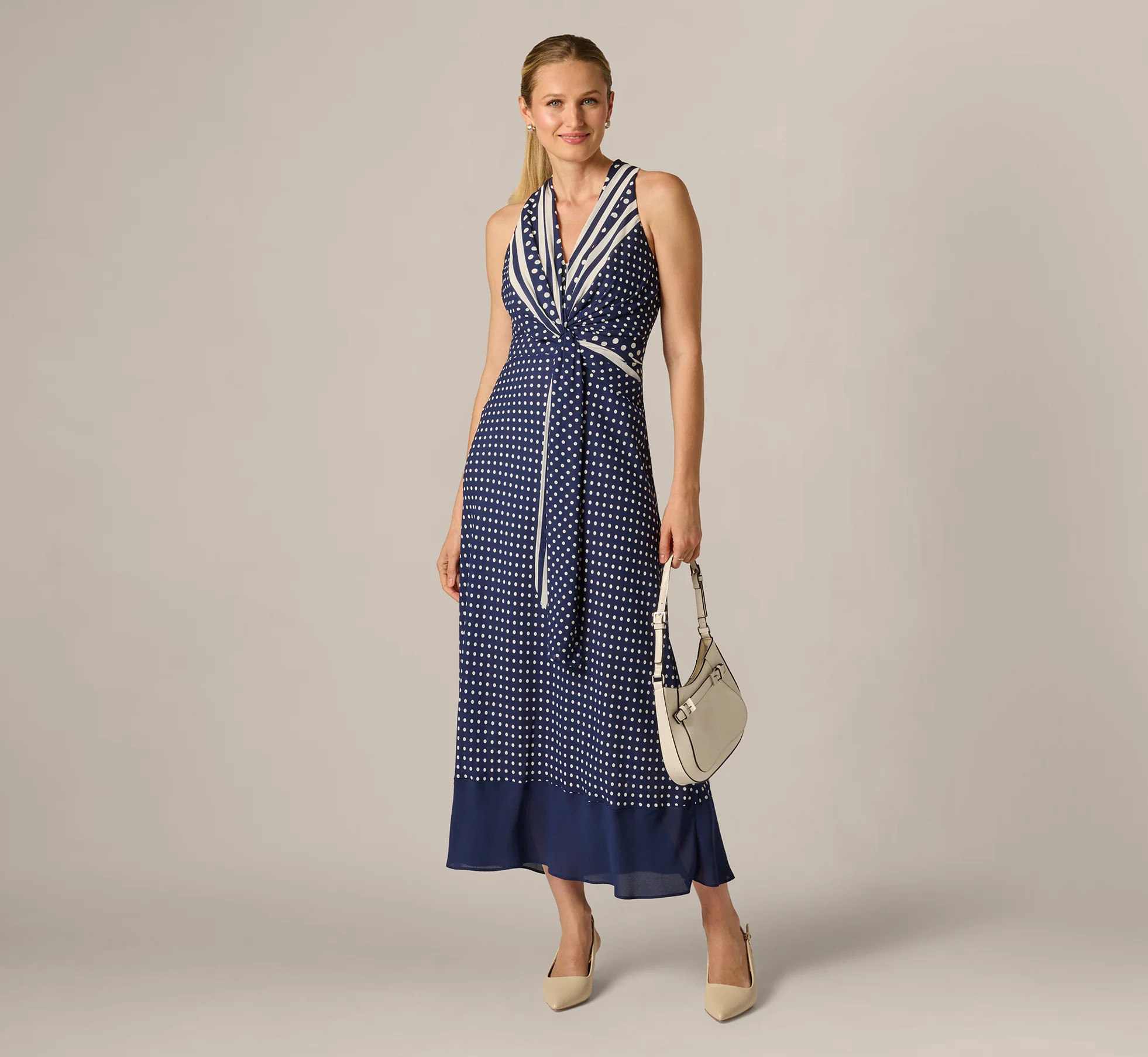 Dot Print Chiffon Halter Maxi Dress With Sash Waist In Navy Ivory | Adrianna Papell