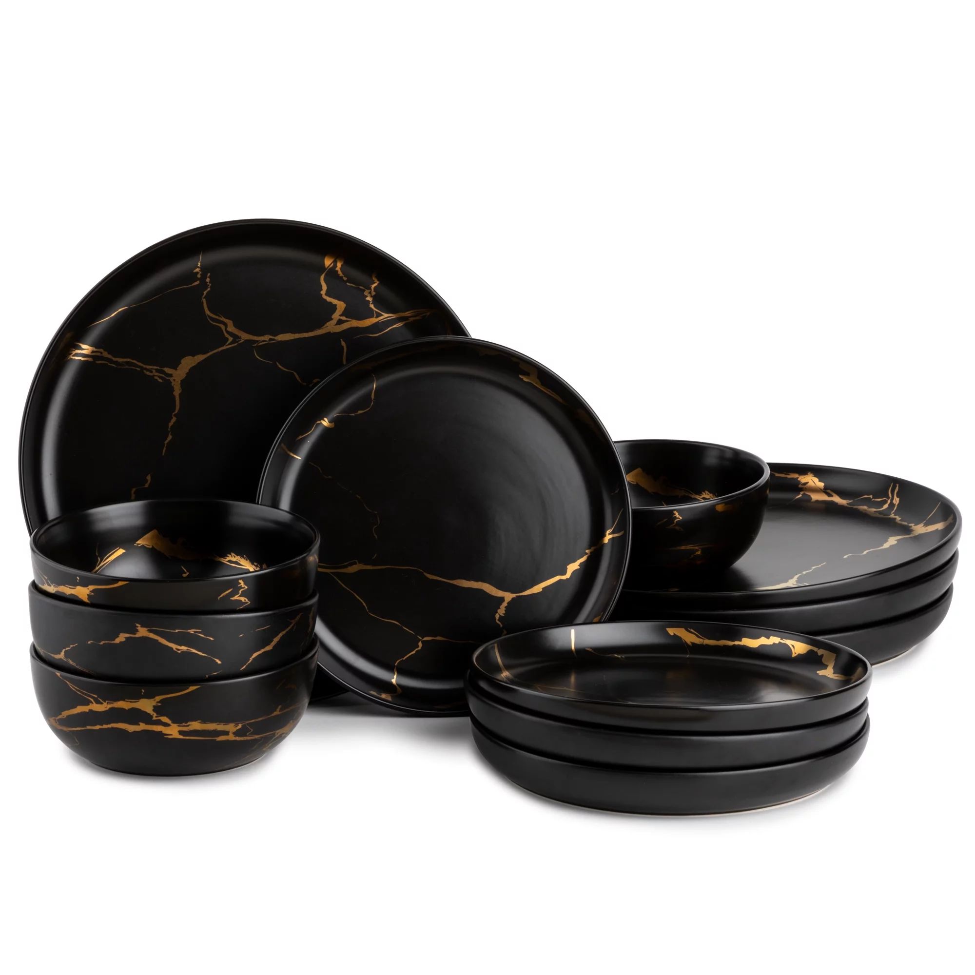 Thyme & Table 12 Piece Dinnerware Set, Black Marble - Walmart.com | Walmart (US)