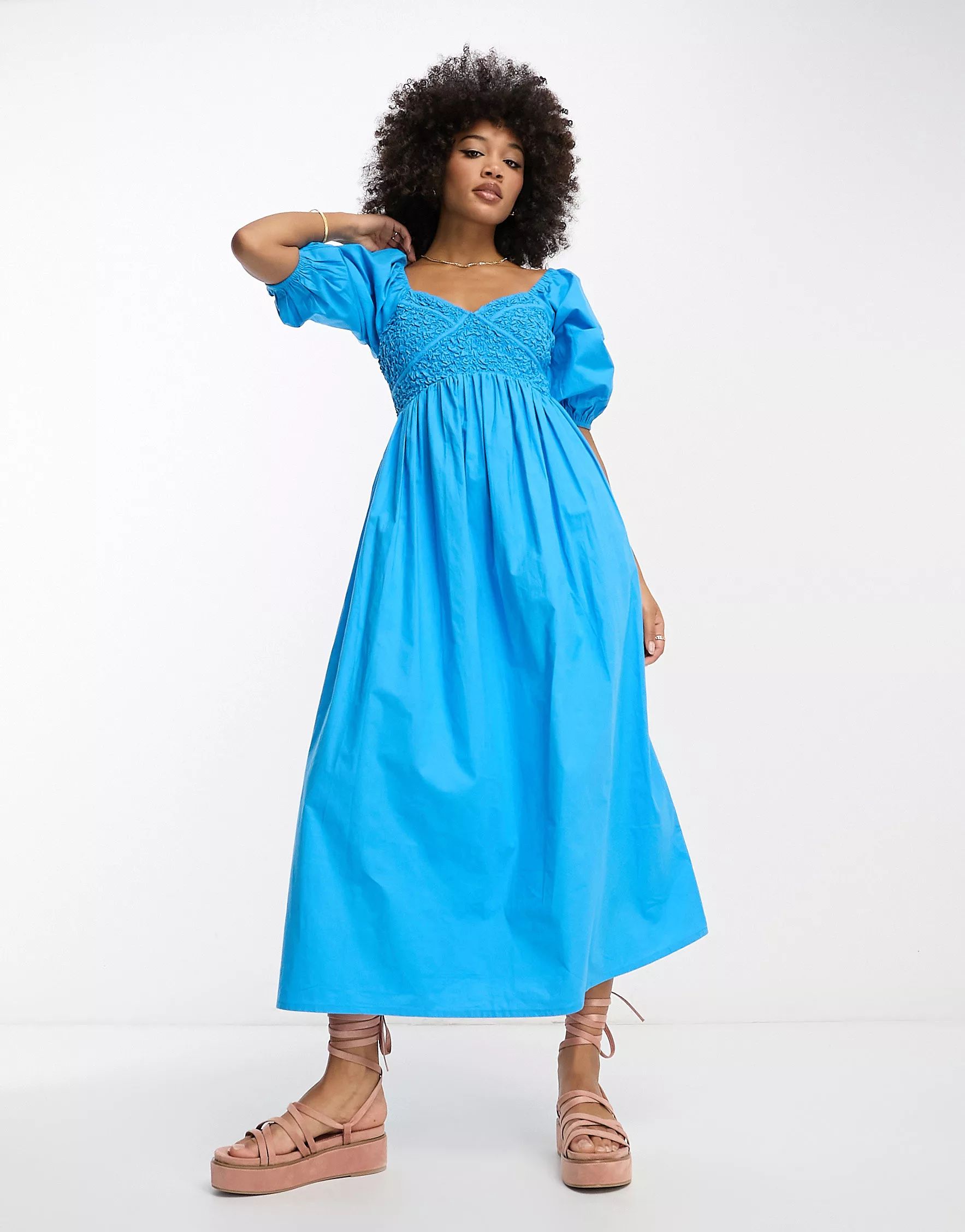 ASOS DESIGN cotton shirred corset midi dress in blue | ASOS (Global)