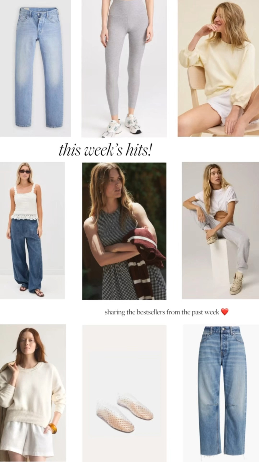 So many great best sellers this week including some new additions to the list! Abercrombie Barrel Pull-On Gingham pants sold so well this week I think we crashed the site! If you heart it on LTK, you’ll get alerted when it comes back! • Levi’s 501 90’s are the perfect vintage pairs of jeans less than $100. Size down 1, wearing a 24 x 32• Madewell Darted Barrel Leg Jeans Raw Hem for the perfect amount of barrel. I took my true size but some reviews mention sizing down. • Beyond Yoga leggings so soft and flattering, sized up to a medium • Quince Cotton and Mongolian Cashmere are wonderful with over 26k 5-star reviews between them. Soft, breathable, comfortable and stylish, these sweaters for less than $50 are a steal! Wearing a small in both • Marine Layer Darcy Poplin smocked dress in navy/white gingham does it again! Great for Summer and Fall. Wearing an XS • RAILS Crochet Top is such a versatile piece perfect for a late summer date night. Wearing an XS • Aerie Cloud Fleece is perfectly oversized, washes great and looks casual/cool without being sloppy. Wearing a small • and of course my Steve Madden Grove Clear jellies. I’ve said it 1,000 times this summer but I am all in on the Jellies trend. • Have a great week everyone!

#LTKFindsUnder50 #LTKSeasonal #LTKFindsUnder100