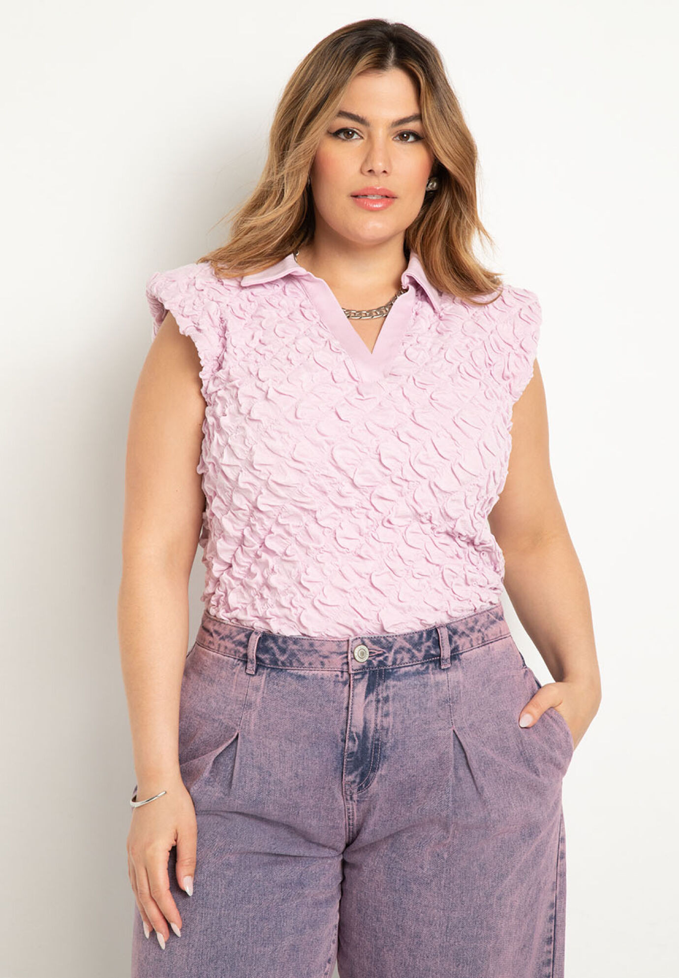 Crinkle Texture Collared Top | Eloquii