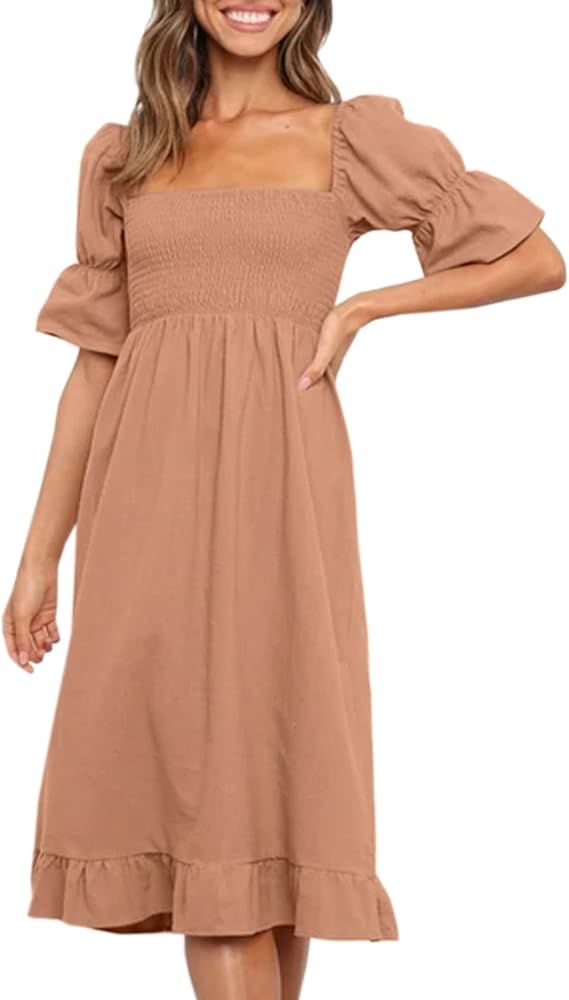 Angashion Women Square Neck Dress Solid Short Puff Sleeve Smocked Waist Knee Length Ruffle Summer Mi | Amazon (US)