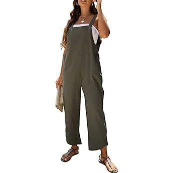 Amazon.com: Yimoon Women's Soft Linen Baggy Bib Overalls Wide Leg Loose Overall Harem Pants (2# Army | Amazon (US)