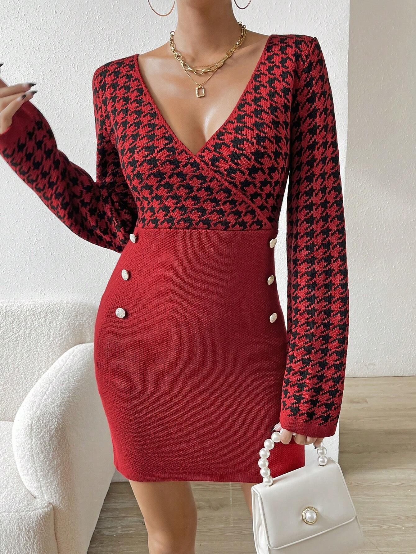 SHEIN Privé Houndstooth Pattern Button Detail Bodycon Sweater Dress | SHEIN