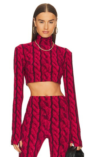 Slimm Fit Turtleneck Cropped Top in Red Cable | Revolve Clothing (Global)