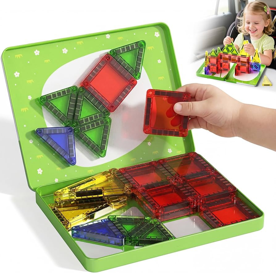 Travel Magnetic Tiles for Kids Car Games: 26 PCS Mini Magnet Building Blocks in Tin Box to Stop C... | Amazon (US)