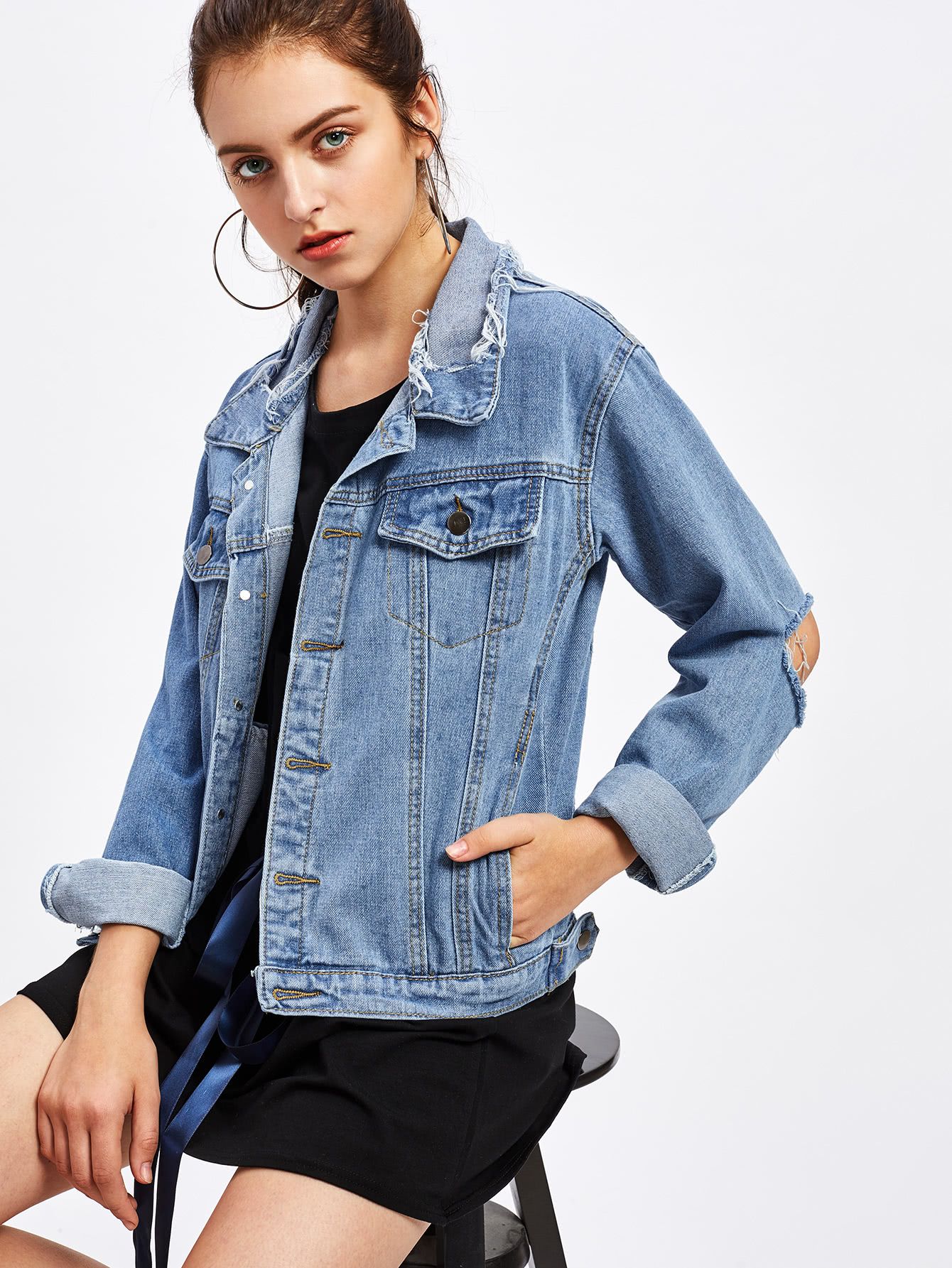 Ripped Cut Out Elbow Detail Denim Jacket | ROMWE